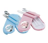 Cubiertos Infantiles con Aplique Laminado en Plata de Ley 925‰. Diseño de Patucos. Disponible en color Azul y Rosa. (E0974)