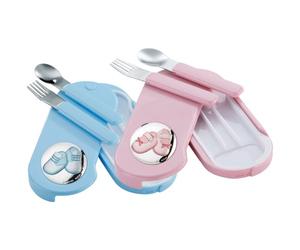 Cubiertos Infantiles con Aplique Laminado en Plata de Ley 925‰. Diseño de Patucos. Disponible en color Azul y Rosa. (E0974)