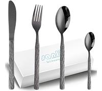 Cubiertos Negra 6 Personas,SANLI 24 Piezas Acero Inoxidable Patrón de Piedra Cuchillo y Tenedor Cuchara Set De Cubiertos De Calidad.