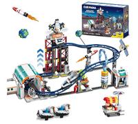 CUBIMANA Juegos de construcción de montaña rusa espacial, juguete de construcción de montaña rusa con cohete, plataforma elevadora, satélites, vagón, carrito de comida, 926 piezas, parque de aventuras