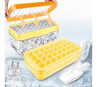 Cubitera con tapa y recipiente, 64 piezas de cubitos de hielo, fácil de presionar para liberar el hielo, enfriar cócteles, whisky, café, 2 cuencos, 1 cubo de hielo y pala (amarillo)