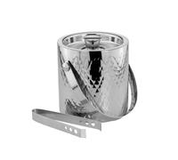 Cubitera de acero inoxidable con pinzas - Cubitera con tapa y patrón de rombos - Cubitera de hielo aislado para bar, whisky y cócteles - 2L de volumen, diámetro de 16 cm, altura 17 cm