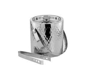 Cubitera de acero inoxidable con pinzas - Cubitera con tapa y patrón de rombos - Cubitera de hielo aislado para bar, whisky y cócteles - 2L de volumen, diámetro de 16 cm, altura 17 cm