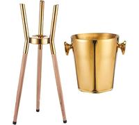 Cubitera de Hielo de Acero Inoxidable Modelo 201 con Soporte Desmontable y asa de Transporte de 5 l, Enfriador Independiente para champán y Botellas de Vino.,Gold+Wood Color