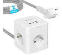 Cubo de alimentación con interruptor individual, 4 enchufes de CA con enchufe plano, 7 en 1 Power Cube con cable trenzado de 2 m, regleta con USB, enchufe para oficina y viajes, color blanco