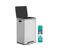 SONGMICS Cubo de Basura 50 L, con 15 Bolsas de Basura, Acero Inoxidable, Bolsa de Plástico Extraíble, con Tapa, Asas, Cierre Suave, Plata LTB595E01
