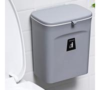 Cubo de basura con tapa, cubo de basura colgante para cocina, pequeño cubo de basura de 9 litros, gris, grosor de la puerta Debe ser inferior a 0,98 pulgadas, se puede colocar en puertas de armarios