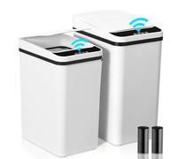 Cubo de basura de baño blanco, 2 unidades, 2 rollos de bolsas de basura en el interior, IPX 5, resistente al agua, detector de movimiento, cubo de basura con tapa, plástico ultrafino, adecuado para