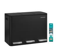 SONGMICS Cubo de Basura de Cocina de 3 x 15 L, con 3 compartimentos, 15 Bolsas, Cubos Extraíbles, Tapa, Asas, Cierre Suave, Acero, Negro Tinta LTB145BZ02