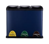 Cubo de Basura Relaxdays, 3 Compartimentos, 24 l, Pedal, Separador de residuos, HBT: 39,5 x 46 x 26,5 cm, Hierro, Azul