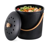 Cubo de compostaje Relaxdays para Cocina, 5,6 litros, Negro | 2 filtros de carbón activo, tapa, asa de bambú, poliresina