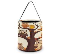 Cubo de dulces de Halloween que representa una familia de búhos de dibujos animados en el árbol marrón, bolsas de dulces de Halloween con asas, cestas de dulces reutilizables para Halloween