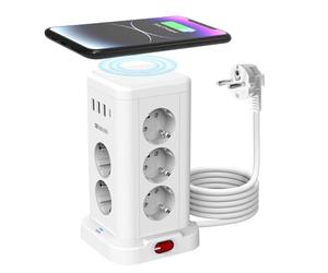 Cubo de enchufes con Cargador Inalámbrico 15W y 11 Salidas (11 Schuko + USB) - Protección contra sobretensiones, Torre de energía con Interruptor, Cable de 2m para Cocina/Oficina, Blanco