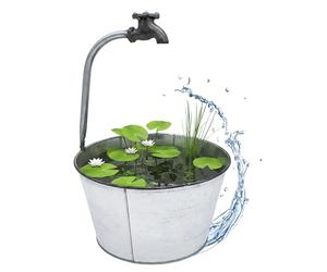 Cubo de metal de zinc plateado con grifo decorativo - 48 x 29 cm - Cubo de metal para recubrir - Maceta decorativa para exteriores - Cubo de jardín balcón terraza exterior
