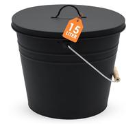 Cubo de zinc decorativo ovalado con mango de madera y tapa, 15 L, color negro, cubo de metal para plantar o transportar - Decoración de jardín - Cubo de hojalata para cenizas, macetero, cubitera de