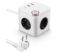 Cubo Regleta Enchufes USB con 3 Puertos de USB y 3 Tomas, Enchufe 6 en 1 Cubo con USB C, 3680W Enchufe múltiple con Interruptor de Ahorro de energía, para Oficina, casa, Viajes - Cable 1,5 m Blanco