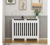 Cubre radiador regulable con estante de madera, protector blanco moderno | Tablero madera-plástico, mueble blanco, rejilla ventilada, estante ahorra-espacio, montaje fácil(31.5Lx35.4Hx8D")
