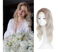 Cubrecabello para mujer, 20 pulgadas de largo, rizado, ondulado, 360°, flequillo francés 3D (blanco natural con raíz rosa marrón, flequillo lateral)