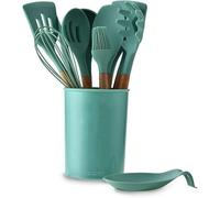 Cuchara de cocina, Juego de utensilios cocina 12 piezas con soporte, juegos silicona, juego antiadherentes mango madera, verdes