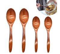 Cuchara Madera un Juego de 4 Piezas, Natural Cuchara de Cafe de Madera Café de Té Cucharas Madera Pequeñas Hecho a Mano, Condimento de Azúcar de Miel, Sopa de Arroz Mezclada (14cm+18cm)