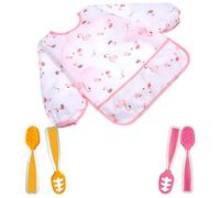 Cucharas Bebe Aprendizaje + Babero con Mangas Impermeable - Precucharas Bebe Blw para Primeros Alimentos, Cuchara Silicona Bebé, Cubiertos, Alimentacion Complementaria, Baby Led Weaning
