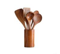 Cucharas de madera hechas a mano para cocinar sopa de arroz y servir tareas, diseño funcional con mango largo para control (5 + 1 unidad)