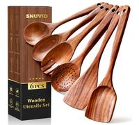 Cucharas de madera para cocinar, juego de 6 utensilios de cocina de madera para sartenes antiadherentes y utensilios de cocina, 100% madera de teca natural, resistente, ligero y resistente al calor