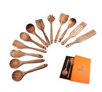Cucharas de Madera para Cocinar - Paquete de 12 Utensilios de Cocina, Juego de Espátulas de Teca Natural