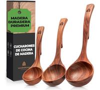 Cucharones de Cocina - Juego de 3 Utensilios de Cocina Madera de Teca con Ganchos Traseros para Ollas y Cuencos. Cucharas de Madera para Servir y Cocinar. Accesorios Cocina Antiadherentes