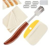 Cuchilla Panadero 3er Set [inkl. 1 Herramienta de Corte de Pan con 5 Cuchillas, 1 Raspador de Masa, 1 Tela Lino para Pan]- Cuchillo de Masa, Arco Cuchillo de Pan para DIY Tallar Patrones de Pan Crudo