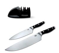 Cuchillo cocinero, Set de 2 cuchillos para cocina profesional (20 cm y 15 cm) con afilador - acero inoxidable para carne, pescado, verdura y fruta. Mango con arcos ergonómico y antideslizante