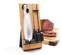Cuchillo de Cocina Eléctrico Inalámbrico Easy Cut Plus - con Cargador y soporte de madera - 2 Cuchillas - Ideal para cortar pan, carne, frutas y verduras - Gris