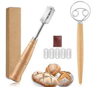 Cuchillo de Panadero,Batidor de Masa de Pan de Acero Inoxidable Cuchillo para Masa con 5 Cuchillas Bread Lame Tool Batidor de Masa Danés Mango de Madera Batidora para Tallar Pan de Masa,Hornear Pan