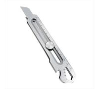 Cuchillo multiusos de acero inoxidable 6 en 1 con diseño de cola de corte, regla, abrebotellas y cortador de cajas retráctil.