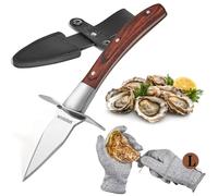 Cuchillo para desmenuzar ostras, cuchillo de ostra, resistente afilado, kit de desmontaje de ostras con mango de madera cómodo, juego de cuchillo y guantes de ostra con protección de 5 niveles, guante