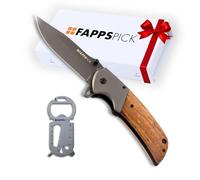 Cuchillo Plegable con Llavero Multiusos 15 en 1 | Regalo Ideal para el Día del Padre | Navaja de Bolsillo Hoja 9,5cm de Acero Inoxidable y Recubrimiento de Titanio | Navajas EDC Mango 12,5cm de Madera