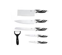 Cecotec Set de cuchillos Swiss Chef. Hoja de 2,5 mm de grosor, Empuñadura con insertos de silicona, Recubrimiento antiadherente cerámico, Blanco y Negro, Presentados en estuche