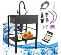 Cucina Autoportante - Fregadero de cocina al aire libre de 75 x 45 x 86 cm con estante de drenaje, kit de drenaje de grifo extraíble, perfecto para garaje, restaurante, jardín y lavandería