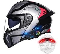 CUCKQUIC Casco De Motocicleta Modular con Bluetooth Y Luces Traseras, Abatible, Integral, Homologado por ECE/Dot, con Visera Doble, Altavoz Y Micrófono Integrados. F,XXXL(65-66cm)