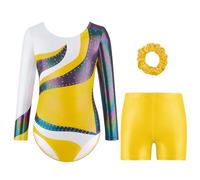Cucudy Conjunto de mallas de gimnasia para bailarina - mallas de manga larga y sin mangas con pantalones cortos y diadema de ballet brillantes con degradado de color regalo para niñas de 5-14 años
