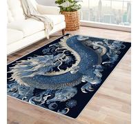 CUDAOO Alfombra Moderna con patrón geométrico, Pelo Corto Dragones Azules y Blancos para Sala decoración del hogar, Oficina y Entrada（Azul-150x210cm