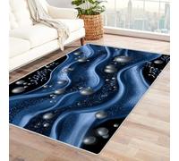 CUDAOO Alfombra Moderna con patrón geométrico, Pelo Corto Ondas Azules y Plateadas para Sala de Estar, Oficina, Mesa de café, Cama, balcón（Azul-60x90cm