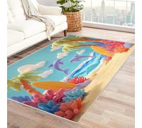 CUDAOO Alfombra Moderna con patrón geométrico, Pelo Corto Playa Dolphin para Sala decoración del hogar, Oficina y Entrada（Azul-210x300cm