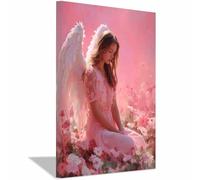 CUDAOO Cuadro moderno sobre lienzo pintura Niña Alada de Campos de Flores póster de imagen, pintura minimalista decoración de pared, sala estar, hogar decoración（rosa-40x60cm Enmarcado