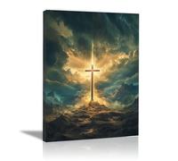 CUDAOO Cuadro sobre Lienzo Jesús Cristo Cruz, Luz sagrada en las nubes para sala de estar, dormitorio,arte de pared para oficina - 40x60cm Enmarcado(Dorado)