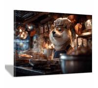CUDAOO Impresiones de Lienzo de Animale Lindo,Impresión En Lienzo De Perro Jugando a ser chef Imagen sobre para Decoración del Hogar Oficina（naranja-60x80cm Enmarcado