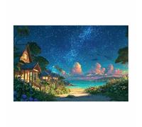 CUDAOO Lienzo Con Paisaje Arte De Pared Pueblo iluminado por las estrellas Cuadros Modernos para Salón Oficina Escaleras Sala de Yoga（azul-60x80cm Sin marco