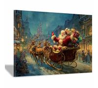 CUDAOO Lienzo decorativo de Navidad para pared decoración festiva del hogar Anciano repartiendo regalos para sala de estar, dormitorio, cocina, estética de vacaciones（Dorado170-70x100cm Enmarcado