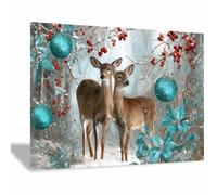 CUDAOO Lienzo navideño para pared decoración navideña de invierno para el hogar Dos ciervos para decoración del hogar en sala de estar, dormitorio, cocina（Marrón111-60x80cm Enmarcado