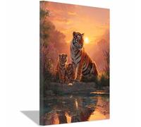 CUDAOO Tigre Cuadro En Lienzo Cuadro Decorativo Pinturas Tigres a orillas del lago Cuadros Decoracion Salon Modernos（Naranja-60x80cm Enmarcado
